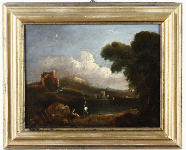 Scuola dell�inizio del XIX secolo Paesaggio con contadini in riva al fiume  - Asta Dipinti Antichi - Associazione Nazionale - Case d'Asta italiane