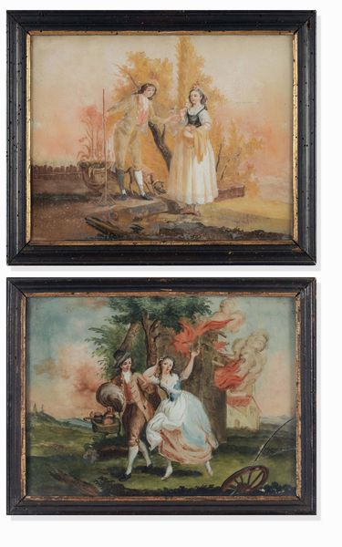 Scuola veneta del XVIII-XX secolo Scena galante<BR>Fuga dall�incendio  - Asta Dipinti Antichi - Associazione Nazionale - Case d'Asta italiane