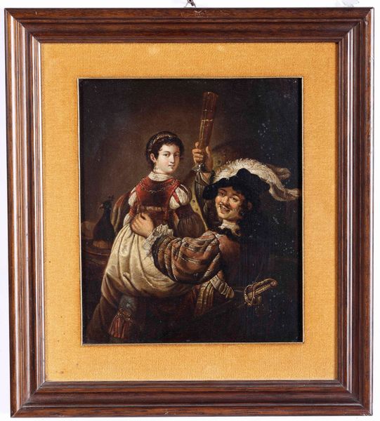 Rembrandt Harmenszonn van Rijn, copia da : L'allegra coppia  - Asta Dipinti Antichi - Associazione Nazionale - Case d'Asta italiane