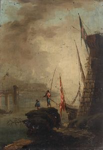 Scuola del XVIII secolo Veduta costiera con pescatori e imbarcazione  - Asta Dipinti Antichi - Associazione Nazionale - Case d'Asta italiane
