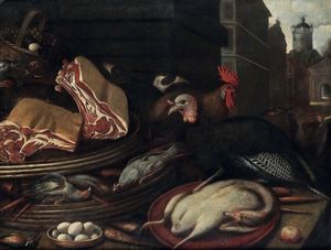 Felice Boselli, Bottega di - Scuola del XVIII secolo Banco di mercato con carni e animali da cortile