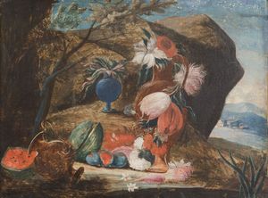 Scuola del XVIII secolo Paesaggi con composizioni di fiori e frutti  - Asta Dipinti Antichi - Associazione Nazionale - Case d'Asta italiane