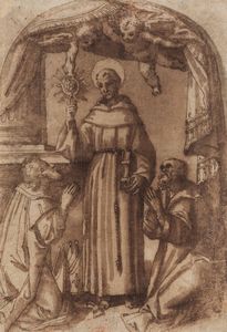Scuola dell'inizio del XVI secolo Figura di santo con accoliti  - Asta Dipinti Antichi - Associazione Nazionale - Case d'Asta italiane