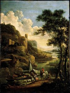 Gerrit van Battem - Paesaggio fluviale con imbarcazioni e figure