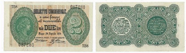 REGNO D�ITALIA. VITTORIO EMANUELE II DI SAVOIA, 1861-1878. BANCA NAZIONALE NEL REGNO. 2 Lire biglietto consorziale 30/04/1874.  - Asta Numismatica - Associazione Nazionale - Case d'Asta italiane