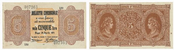 REGNO D�ITALIA. VITTORIO EMANUELE II DI SAVOIA, 1861-1878. BANCA NAZIONALE NEL REGNO. 5 Lire biglietto consorziale 30/04/1874.  - Asta Numismatica - Associazione Nazionale - Case d'Asta italiane