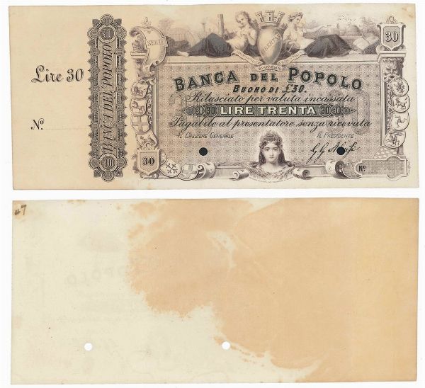 REGNO D�ITALIA. VITTORIO EMANUELE II DI SAVOIA, 1861-1878. BANCA DEL POPOLO DI FIRENZE. 30 Lire 02/09/1867. Prova su cartoncino su matrice.  - Asta Numismatica - Associazione Nazionale - Case d'Asta italiane