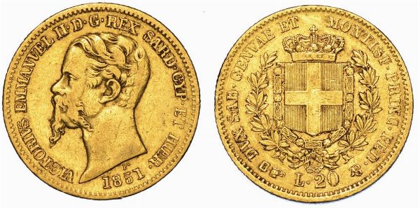 REGNO DI SARDEGNA. VITTORIO EMANUELE II DI SAVOIA, 1849-1861. 20 Lire 1851. Torino.  - Asta Numismatica - Associazione Nazionale - Case d'Asta italiane