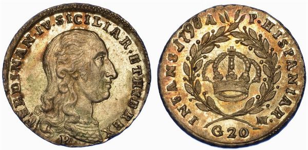 NAPOLI. FERDINANDO IV DI BORBONE, 1759-1816. Tar� da 20 Grani 1798.  - Asta Numismatica - Associazione Nazionale - Case d'Asta italiane