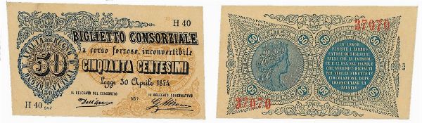 REGNO D�ITALIA. VITTORIO EMANUELE II DI SAVOIA, 1861-1878. BANCA NAZIONALE NEL REGNO. 50 Centesimi biglietto consorziale 30/04/1874.  - Asta Numismatica - Associazione Nazionale - Case d'Asta italiane