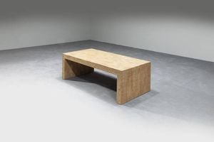 PRODUZIONE ITALIANA - Tavolino in legno rivestito in travertino.  Anni '70 cm 40 5x120x60 5  Difetti
