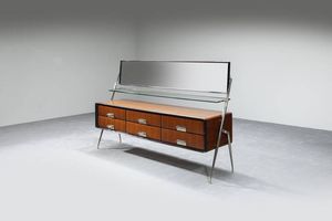 SILVIO CAVATORTA - Mobile contenitore in legno  ottone nichelato  cristallo specchiato e piano in vetro.  Anni '50 cm 118x188x48  [..]