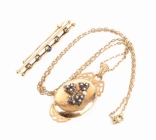 Girocollo in oro con pendente - porta foto e spilla oro con pietre  - Asta Gioielli, orologi, argenti e penne - Associazione Nazionale - Case d'Asta italiane