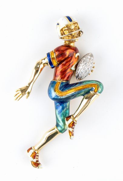 DAMIANI: spilla in oro, diamanti e smalti raffigurante giocatore di football americano  - Asta Gioielli, orologi, argenti e penne - Associazione Nazionale - Case d'Asta italiane