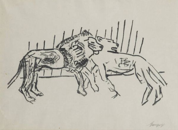 PAUL GANGOLF Germania 1879-1939 : Two lions 1926  - Asta Grafica - Associazione Nazionale - Case d'Asta italiane