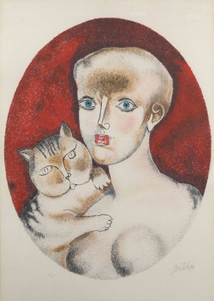 FRANCO GENTILINI Faenza (RA) 1909  - 1981 Roma : Figura con gatto  - Asta Grafica - Associazione Nazionale - Case d'Asta italiane