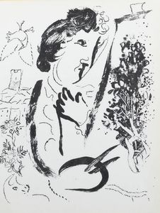 MARC CHAGALL Vitebsk (Russia) 1887 - 1985 Saint-Paul de Vence (Costa Azzurra) - Devant le tableaux 1963