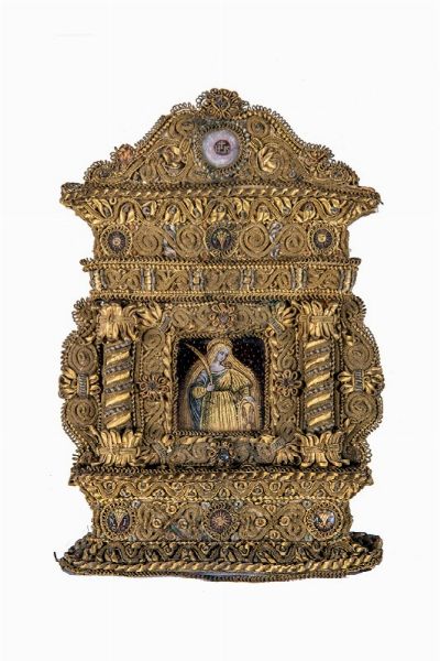 Santa Caterina d'Alessandria entro tabernacolo reliquiario in passamaneria dorata.  - Asta Arte Antica, Moderna e Contemporanea [Parte I] - Associazione Nazionale - Case d'Asta italiane