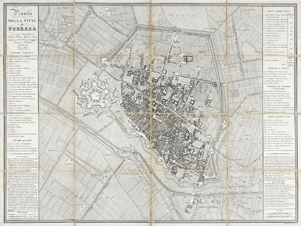 Pianta della citt di Ferrara con i suoi Stabilimenti Relig.si, Politici, Militari e Civili eseguita e dis.ta d'all'Ing.re Geografo Francesco Pampani. Pubblicata l'Anno 1836.  - Asta Arte Antica, Moderna e Contemporanea [Parte I] - Associazione Nazionale - Case d'Asta italiane