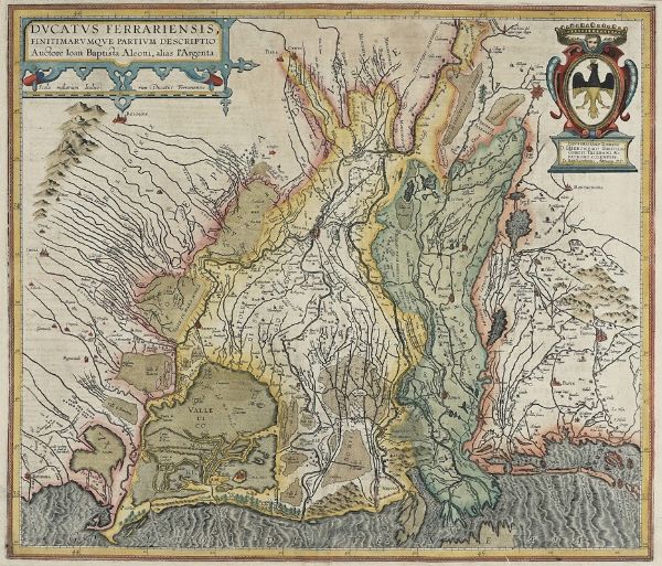 Abraham Ortelius : Ducatus Ferrariensis, Finitimarumque Partium Descriptio: Auctore Ioan. Baptista Aleotti, alias l'Argenta.  - Asta Arte Antica, Moderna e Contemporanea [Parte I] - Associazione Nazionale - Case d'Asta italiane