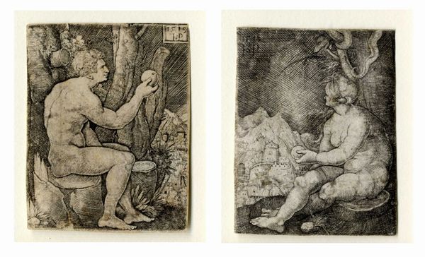 HANS SEBALD BEHAM : Adamo ed Eva seduti su tronchi d'albero.  - Asta Arte Antica, Moderna e Contemporanea [Parte I] - Associazione Nazionale - Case d'Asta italiane