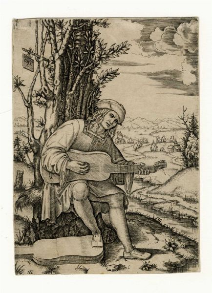 MARCANTONIO RAIMONDI : Suonatore di chitarra (ritratto di Giovanni Filoteo Achillini).  - Asta Arte Antica, Moderna e Contemporanea [Parte I] - Associazione Nazionale - Case d'Asta italiane