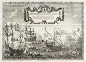 JAN BAPTIST BERTERHAM - Desembarco del Rey Nuestro Señor delante de Baye de Napoles?, el dia diez y seis del mes de Abril de 1702.