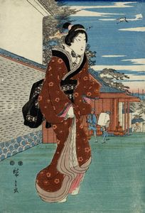 UTAGAWA HIROSHIGE I (AND? TOKUTAR?) - Bijin fuori dalla residenza del signore feudale Kuroda a Kasumigaseki.