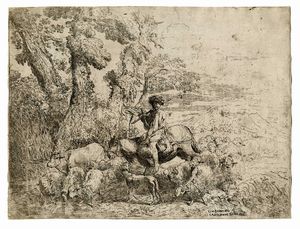 GIOVANNI BENEDETTO CASTIGLIONE (DETTO IL GRECHETTO) - Giovane pastore su mulo con un gregge.