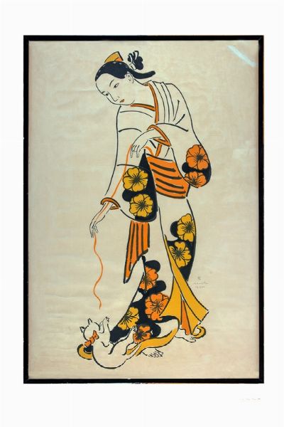 TSUGOUHARU FOUJITA : Geisha jouant avec un chaton.  - Asta Arte Antica, Moderna e Contemporanea [Parte II] - Associazione Nazionale - Case d'Asta italiane
