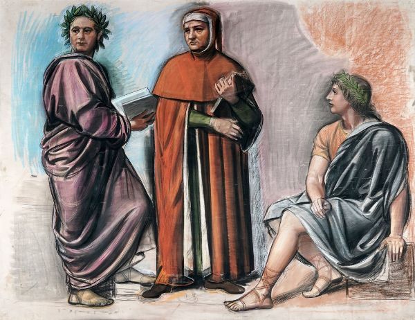 Achille Funi : Dante Alighieri, Virgilio e terza figura.  - Asta Arte Antica, Moderna e Contemporanea [Parte II] - Associazione Nazionale - Case d'Asta italiane