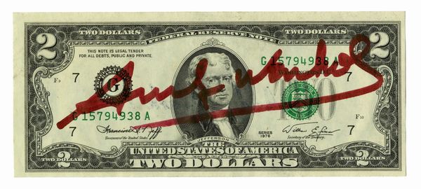Andy Warhol : 2 dollars signed by Andy Warhol.  - Asta Arte Antica, Moderna e Contemporanea [Parte II] - Associazione Nazionale - Case d'Asta italiane