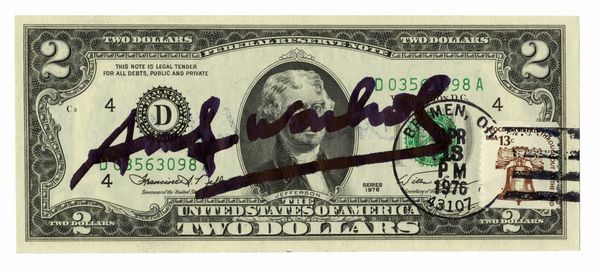 Andy Warhol : 2 dollars signed by Andy Warhol.  - Asta Arte Antica, Moderna e Contemporanea [Parte II] - Associazione Nazionale - Case d'Asta italiane