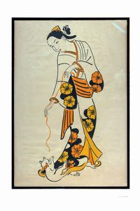 TSUGOUHARU FOUJITA - Geisha jouant avec un chaton.