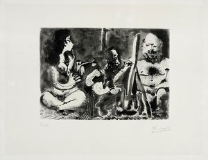 Pablo Picasso - Peintre au travail avec modele barbu et une spectatrice assise en tailleur.