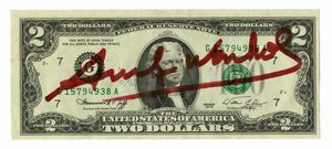 Andy Warhol - 2 dollars signed by Andy Warhol.