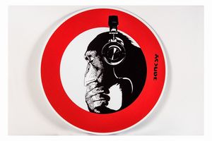 Banksy - Roadsign with Monkey with headphones.