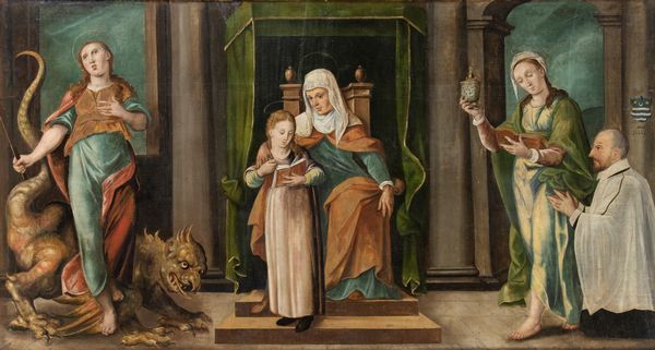 Artista toscano, fine XVI - inizio XVII secolo : L'educazione della Vergine con Sant'Anna in trono al cospetto di Santa Margherita d'Antiochia, Santa Maddalena e il donatore in abiti talari  - Asta Dipinti, disegni e sculture dal XIV al XIX secolo - Associazione Nazionale - Case d'Asta italiane