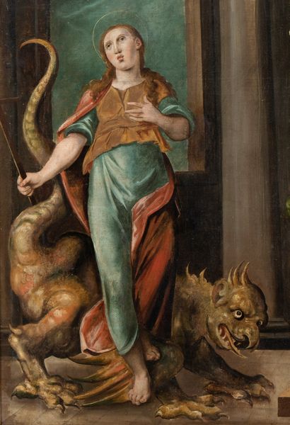 Artista toscano, fine XVI - inizio XVII secolo : L'educazione della Vergine con Sant'Anna in trono al cospetto di Santa Margherita d'Antiochia, Santa Maddalena e il donatore in abiti talari  - Asta Dipinti, disegni e sculture dal XIV al XIX secolo - Associazione Nazionale - Case d'Asta italiane