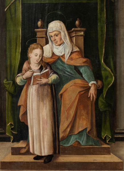 Artista toscano, fine XVI - inizio XVII secolo : L'educazione della Vergine con Sant'Anna in trono al cospetto di Santa Margherita d'Antiochia, Santa Maddalena e il donatore in abiti talari  - Asta Dipinti, disegni e sculture dal XIV al XIX secolo - Associazione Nazionale - Case d'Asta italiane