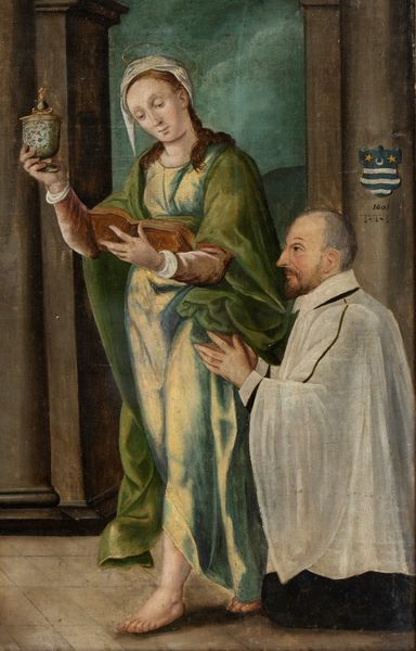 Artista toscano, fine XVI - inizio XVII secolo : L'educazione della Vergine con Sant'Anna in trono al cospetto di Santa Margherita d'Antiochia, Santa Maddalena e il donatore in abiti talari  - Asta Dipinti, disegni e sculture dal XIV al XIX secolo - Associazione Nazionale - Case d'Asta italiane