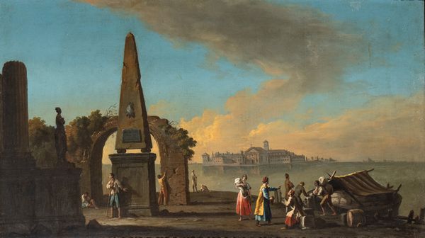 Artista veneto, XVIII secolo : Capriccio costiero con ruderi, figure e l'isola di San Giorgio sullo sfondo  - Asta Dipinti, disegni e sculture dal XIV al XIX secolo - Associazione Nazionale - Case d'Asta italiane