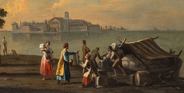 Artista veneto, XVIII secolo : Capriccio costiero con ruderi, figure e l'isola di San Giorgio sullo sfondo  - Asta Dipinti, disegni e sculture dal XIV al XIX secolo - Associazione Nazionale - Case d'Asta italiane