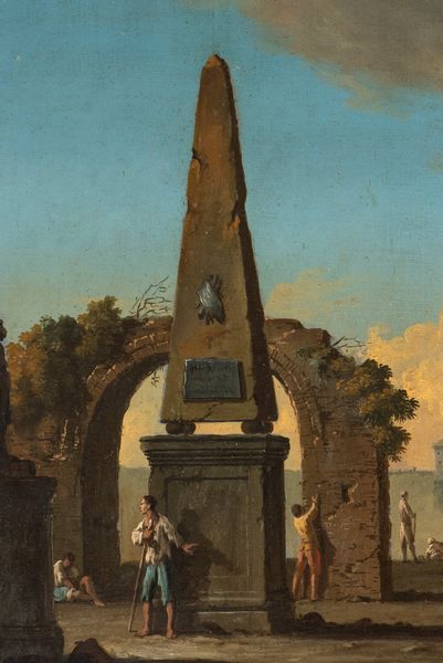 Artista veneto, XVIII secolo : Capriccio costiero con ruderi, figure e l'isola di San Giorgio sullo sfondo  - Asta Dipinti, disegni e sculture dal XIV al XIX secolo - Associazione Nazionale - Case d'Asta italiane