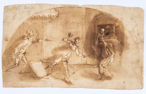 Giovanni Battista Draghi : Recto: Studio di scena con quattro figure entro lunetta - Verso: Studio di tre figure che salgono la rampa di un edificio  - Asta Dipinti, disegni e sculture dal XIV al XIX secolo - Associazione Nazionale - Case d'Asta italiane