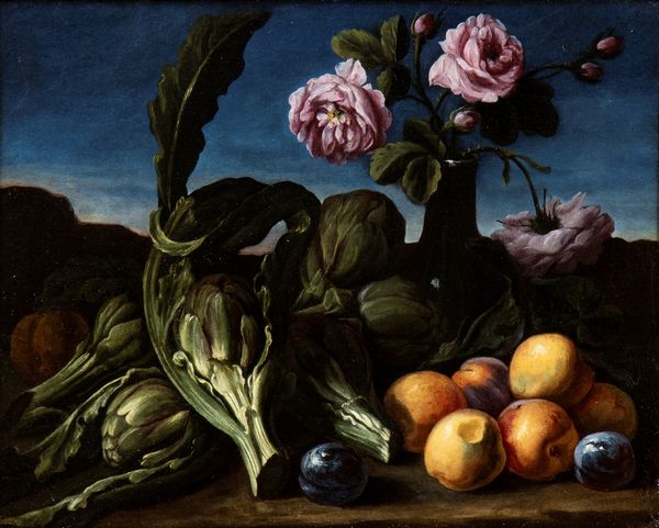 Giovanni Stanchi, Attribuito a : Natura morta di rose, carciofi e pesche  - Asta Dipinti, disegni e sculture dal XIV al XIX secolo - Associazione Nazionale - Case d'Asta italiane