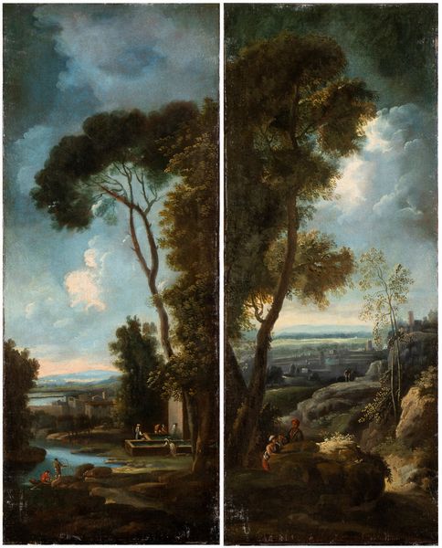 Paolo Anesi, Ambito di : a) Paesaggio con corso d'acqua e lavandaie al fontanile; b) Paesaggio con figure e città sullo sfondo. Coppia di dipinti  - Asta Dipinti, disegni e sculture dal XIV al XIX secolo - Associazione Nazionale - Case d'Asta italiane