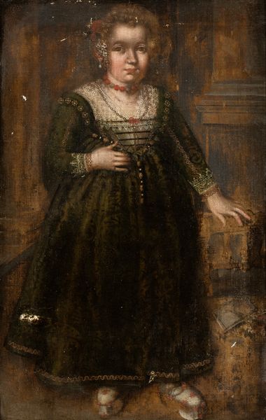 Scuola veneta, XVII secolo : Ritratto di bimba con collana di corallo  - Asta Dipinti, disegni e sculture dal XIV al XIX secolo - Associazione Nazionale - Case d'Asta italiane