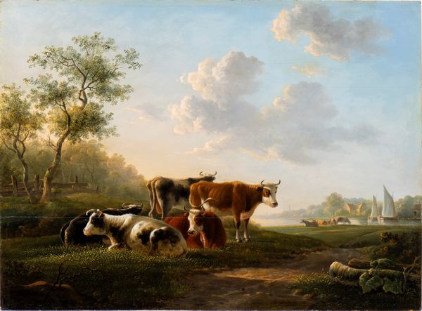 Jan Baptist Kobell : Paesaggio con armenti e corso d'acqua con imbarcazioni sullo sfondo  - Asta Dipinti, disegni e sculture dal XIV al XIX secolo - Associazione Nazionale - Case d'Asta italiane