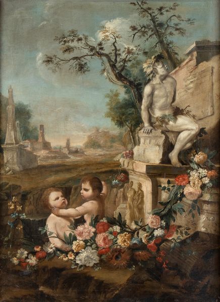 Scuola romana, XVIII secolo : Gioco di putti in un paesaggio con ruderi e statue  - Asta Dipinti, disegni e sculture dal XIV al XIX secolo - Associazione Nazionale - Case d'Asta italiane